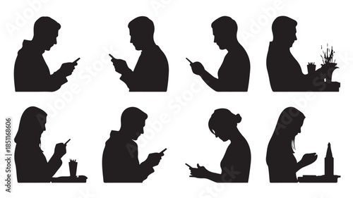 Silhouette of people using smartphones in relaxed casual pose with soft black shadows on white background for mobile app design