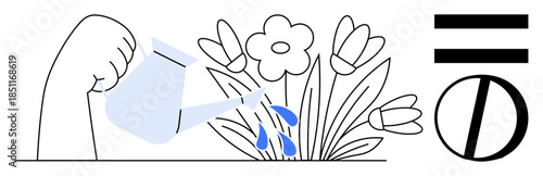 Hand pouring water from watering can onto flowers, promoting growth and sustainability. Equality symbol emphasizes balance, fairness, and unity. Ideal for environment, equality, sustainability