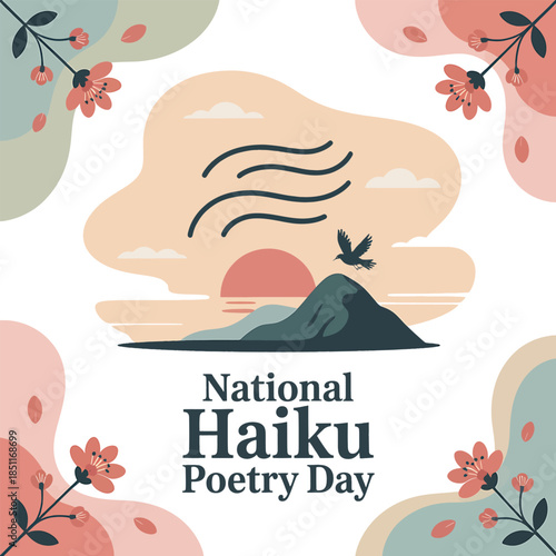 National Haiku Poetry Day Illustration with Mountain Sunset and Floral Patterns