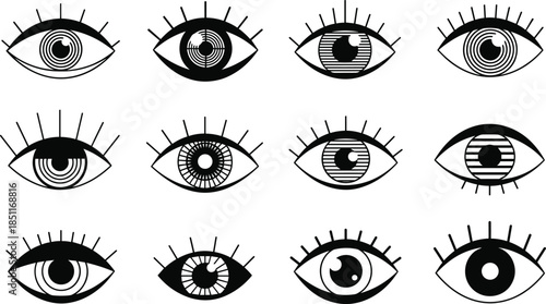 Vector icon set of stylized eye illustrations, black and white iris patterns for visionVector icon set of stylized eye illustrations, black and white iris patterns for vision