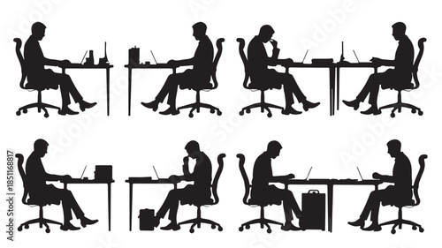 Silhouette of office worker at desk in various poses with modern office supplies in minimalist black and white style for corporate illustration