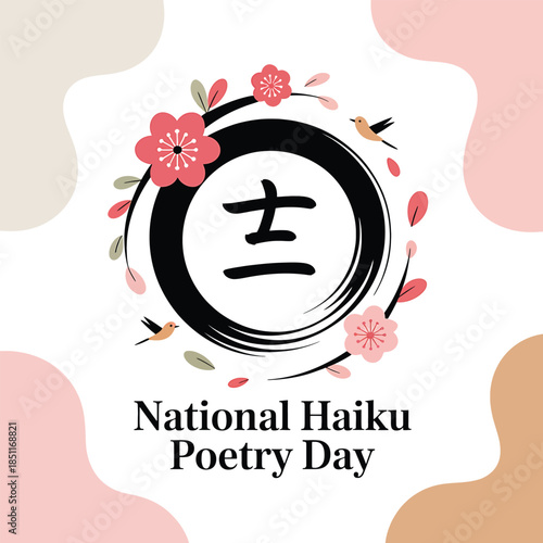 National Haiku Poetry Day Celebration with Cherry Blossom and Bird Illustration