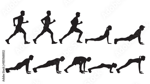 Silhouette of man doing burpees in various stages in black on white background for fitness illustration
