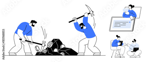 Cryptocurrency mining. Workers breaking rocks blockchain data, analyzing cryptocurrency mining processes. Cryptocurrency, blockchain technology, and digital finance concepts. For fintech, blockchain