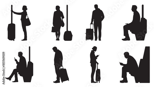 Waiting Passengers: Silhouetted figures in various poses, some standing with luggage, others seated, captured while waiting with anticipation for transport.
