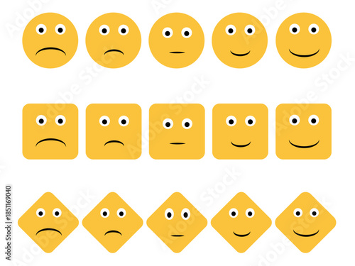 Set of fifteen yellow emoji icons displaying five different levels of satisfaction in circle square and diamond shapes