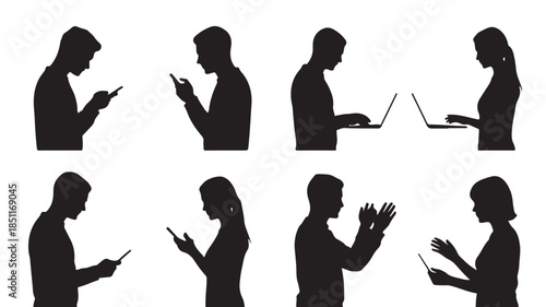 Digital Devotion: Silhouette figures engrossed in technology, showcasing the modern bond between individuals and their devices. Capturing the essence of connection and information flow.