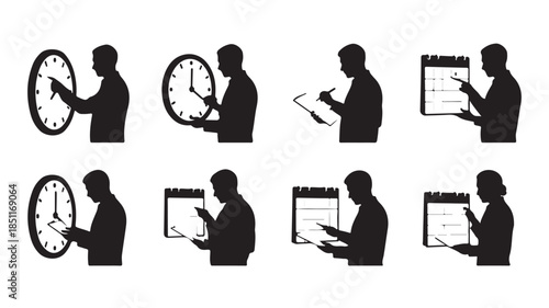 Time Management Icons: Silhouettes depicting individuals interacting with clocks and calendars, symbolizing efficiency, scheduling, and organizational skills.