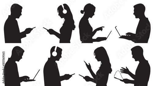 Digital Connections: Silhouettes of diverse individuals engaged in various activities on their devices, embodying the pervasive nature of technology and communication in modern life.