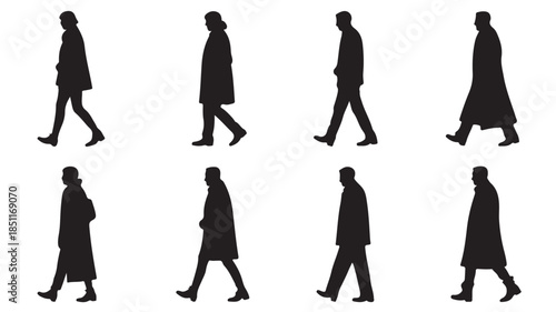 Silhouettes in Motion: A series of silhouetted figures strides across the frame, showcasing various postures and clothing styles against a minimalist backdrop, creating a study of movement and form.