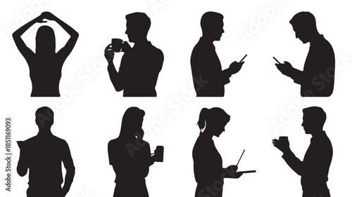 Diverse Silhouettes: A collection of various people engage in everyday activities, their silhouettes highlighting the simple beauty of everyday gestures. Capturing the essence of daily life.