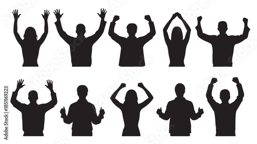 Silhouette Victory: A graphic composition showcases diverse silhouettes of individuals celebrating, raising their arms in a unified display of triumph and success. 