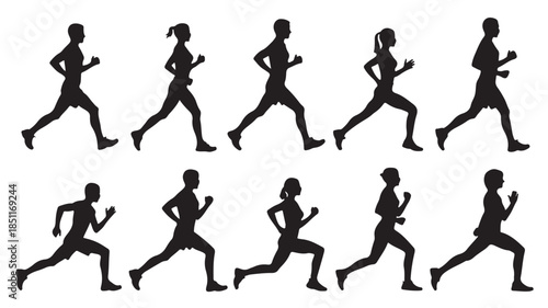 Running Silhouettes: A rhythmic display of runners in motion, capturing the dynamism and energy of sport and fitness in a monochromatic palette.