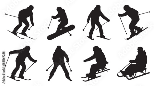 Winter Sports Silhouette: A collection of various winter sport silhouettes, each figure represents activities on snow.