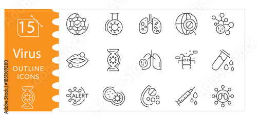 Virus Icon Set. Medical and Microbiology Line Icons Including Virus Cells, Bacteria, Infection, Germs, Pathogens, Disease Prevention, Research and Safety Concepts. Editable Stroke. Vector illustration