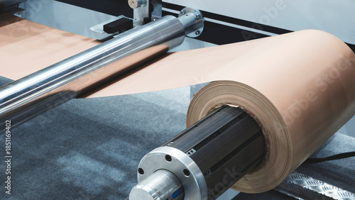 Brown recycled kraft paper roll is passed through the machine for printing and producing gift packaging bags for sale, packaging delivery logistics concept background.