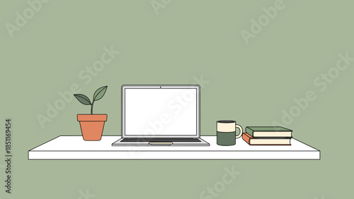 Laptop on Desk with Potted Plant and Books.
