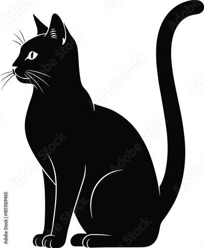 Elegant Black Cat Silhouette Vector Illustration Featuring a Majestic Domestic Feline Sitting and Looking Aside with an Iconic Curled Tail for Logo and Graphic Design. (19 words)