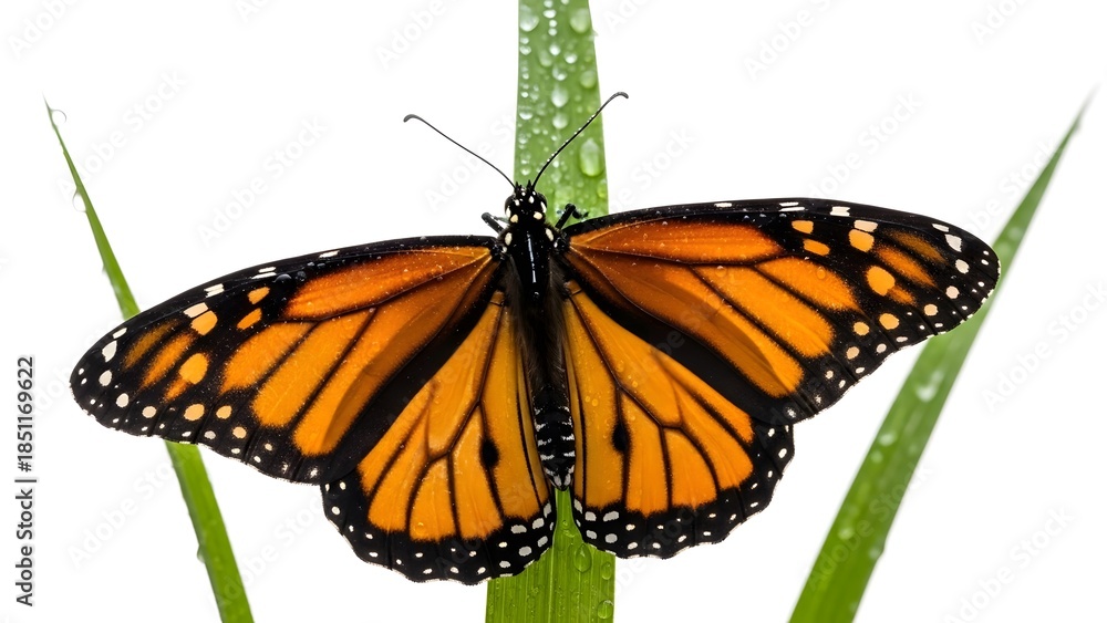 Fototapeta premium A vibrant monarch butterfly with open wings perching on a blade of grass, showcasing its intricate patterns.