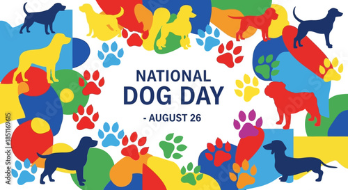 National Dog Day Celebration with Colorful Paws and Silhouettes.