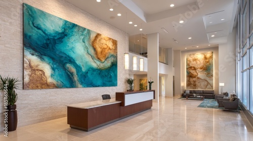 Modern elegant lobby interior with marble reception desk, abstract wall art, contemporary seating area, natural light and stylish design for corporate office or upscale hotel