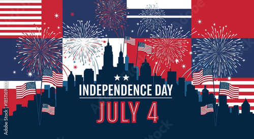 Independence Day Celebration with Fireworks and City Skyline.