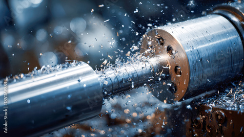 Metal cutting process creating flying metal shavings and sparks during precision turning operation on industrial lathe machine tool in a factory setting