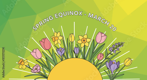 Spring Equinox Celebration with Blooming Flowers and Sun.