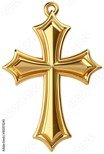 Highly detailed and ornate golden Christian cross pendant, crafted from a polished metallic material with subtle shadowing and highlights, is presented in a, isolated on transparent background.