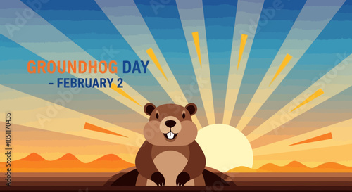 Groundhog Day Celebration with Cute Groundhog Emerging from Burrow at Sunrise.