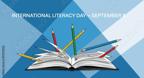 International Literacy Day September with Open Book and Pencils.