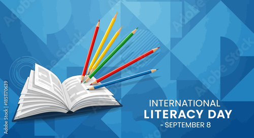 International Literacy Day with Open Book and Colorful Pencils.