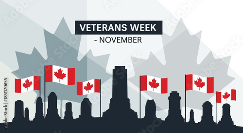 Canadian Veterans Week November Remembrance Day Memorial Flags Maple Leaves.