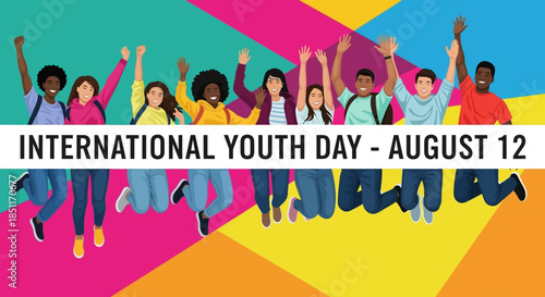 International Youth Day Celebration with Diverse Group of Young People Jumping.