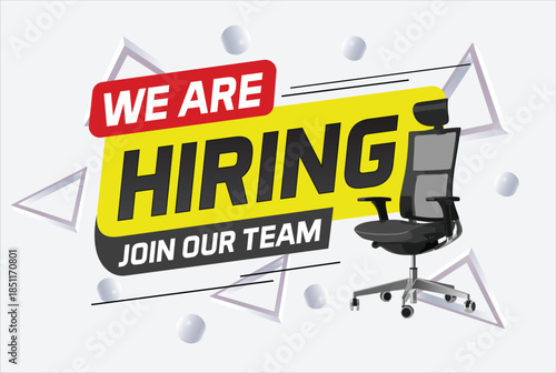 Hiring recruHiring recruitment design for banner poster. We are hiring join our now lettering with chair icon logo sign Vector illustration typographic. Open vacancy template

