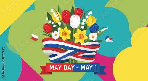 May Day Celebration Floral Arrangement with Ribbons and Text.