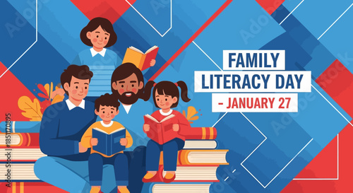 Family Literacy Day Celebration with Diverse Family Reading Books Together.