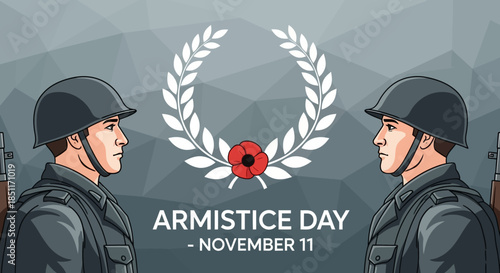 Armistice Day Commemoration with Soldiers and Poppy Wreath.