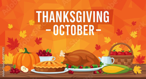 Thanksgiving October Celebration with Traditional Feast and Autumn Leaves.