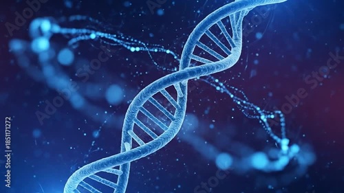 Rotating double helix DNA structure rendered scientifically in abstract blue.