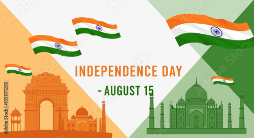 India Independence Day Celebration with National Monuments and Flags.