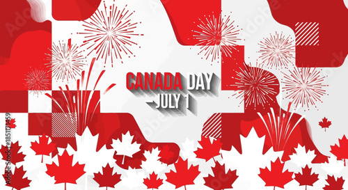 Happy Canada Day Celebration with Fireworks and Maple Leaves.