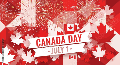 Canada Day Celebration with Fireworks and Maple Leaves.