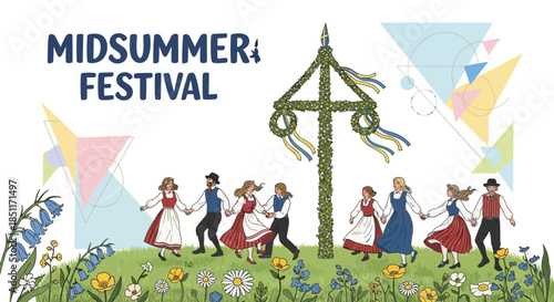 Midsummer Festival Celebration with People Dancing Around Maypole.