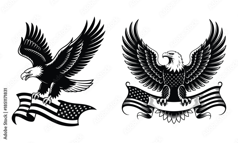 Obraz premium American bald eagle, Bald eagles and american flags in black and white style, Eagles symbol of the United States, Graphic element for logo, label, emblem, sign, badge. Vector illustration