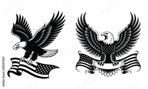 American bald eagle, Bald eagles and american flags in black and white style, Eagles symbol of the United States, Graphic element for logo, label, emblem, sign, badge. Vector illustration
