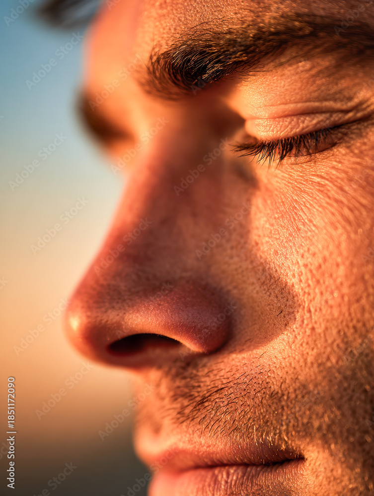 Fototapeta premium Profile of a man with closed eyes soaking in warm sunlight showcasing skin texture and serene expression during golden hour outdoors
