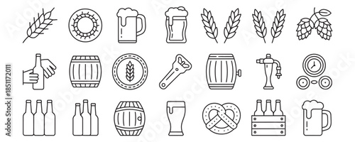 Beer brewery icons set including wheat, beer mug, hops, barrel