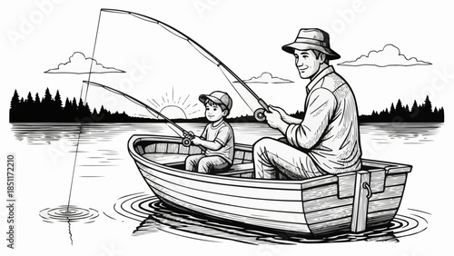 Father and son fishing together in a boat.