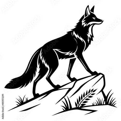 Majestic wolf standing on rocky outcrop in wild landscape
